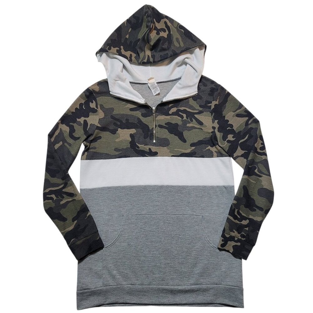 7th Ray Camo Color Block Quarter Zip Hoodie Gray White Pullover Womens Small